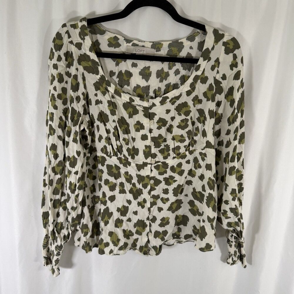 LOFT Blouse Women's Small Beige Green Button Up Long Sleeve Square Neck
